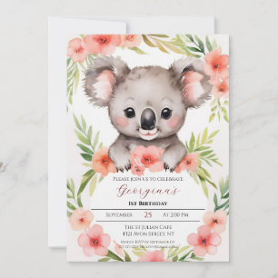 Cute Little Floral Koala Girl Birthday Invitation
