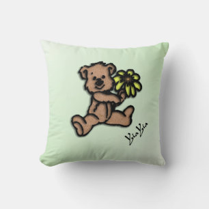 Cute Little Flower Bear Yia Yia Green Throw Pillow