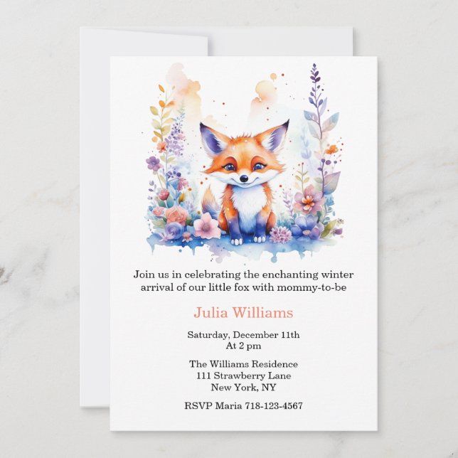 CUTE LITTLE FLUFFY BABY FOX FLORAL BABY SHOWER  INVITATION (Front)