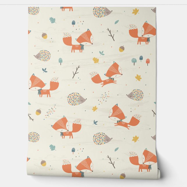 Cute Little Fox and Hedgehog with fall leaves Wallpaper (Unrolling)