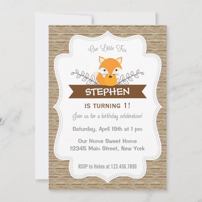 Cute Little Fox Birthday Invitation Woodland (Front)
