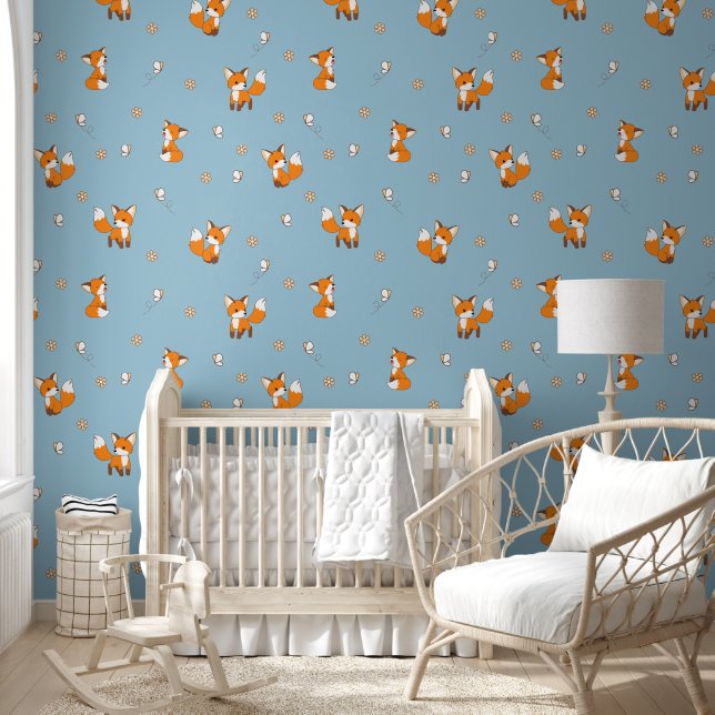 Cute Little Fox Blue Pattern Wallpaper (Kids)