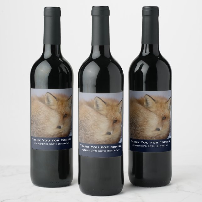 Cute Little Fox Curled Up Winter Photo Birthday Wine Label (Bottles)