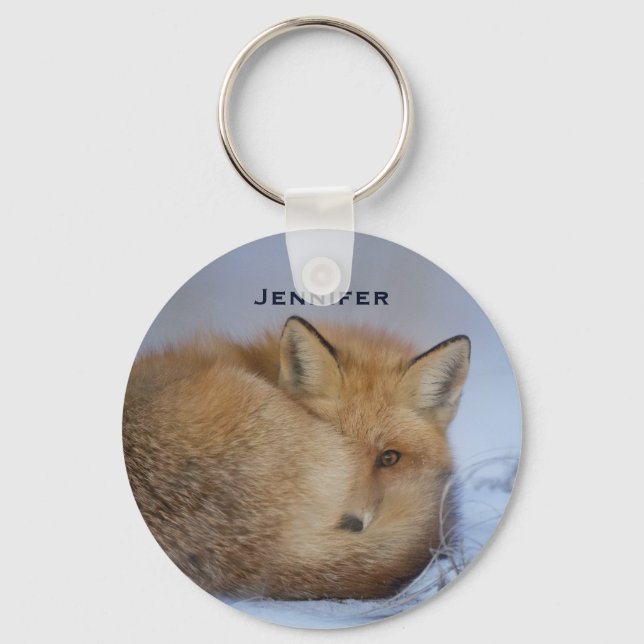 Cute Little Fox Curled Up Winter Photo Key Ring (Front)