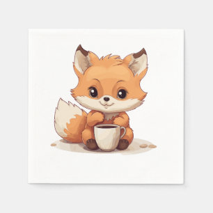 Cute Little Fox Drinks a Coffee Napkin