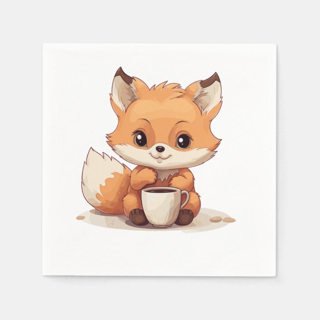 Cute Little Fox Drinks a Coffee Napkin (Front)