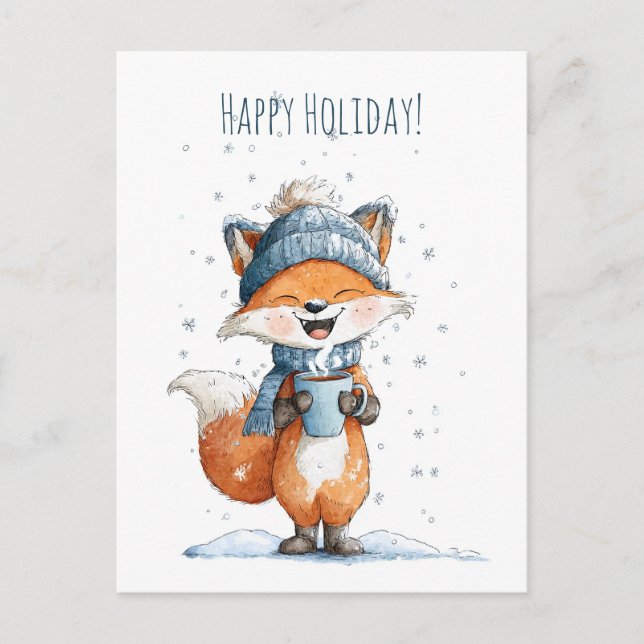 Cute little fox enjoying a warm drink holiday postcard (Front)