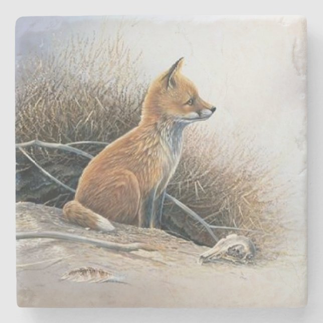 Cute Little Fox Fine Art Stone Coaster (Front)