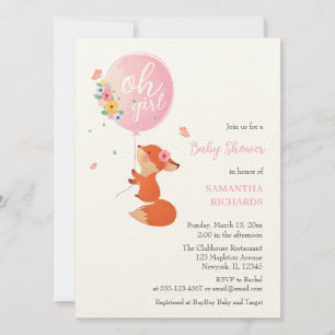 Cute little fox flying with balloon invitation