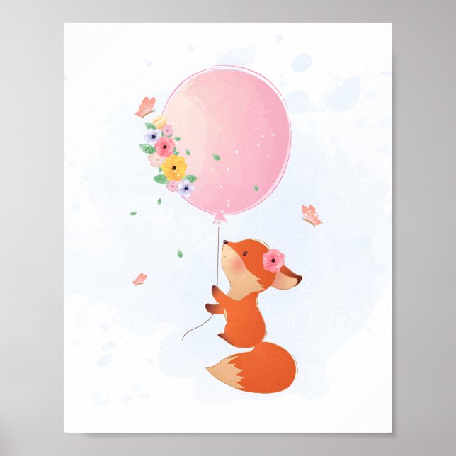 Cute little fox flying with pink balloon poster (Front)