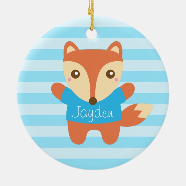 Cute little fox in blue, for Kids Ceramic Ornament (Back)