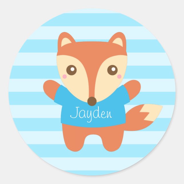 Cute little fox in blue, for Kids Classic Round Sticker (Front)