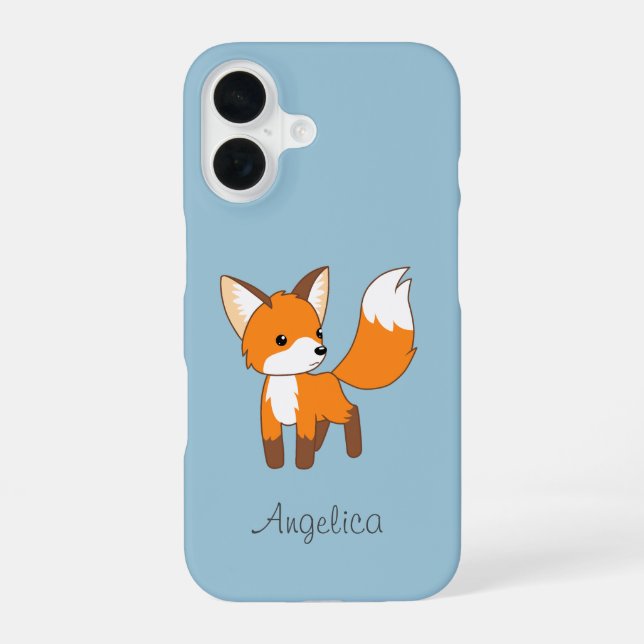 Cute Little Fox on Blue iPhone 16 Case (Back)