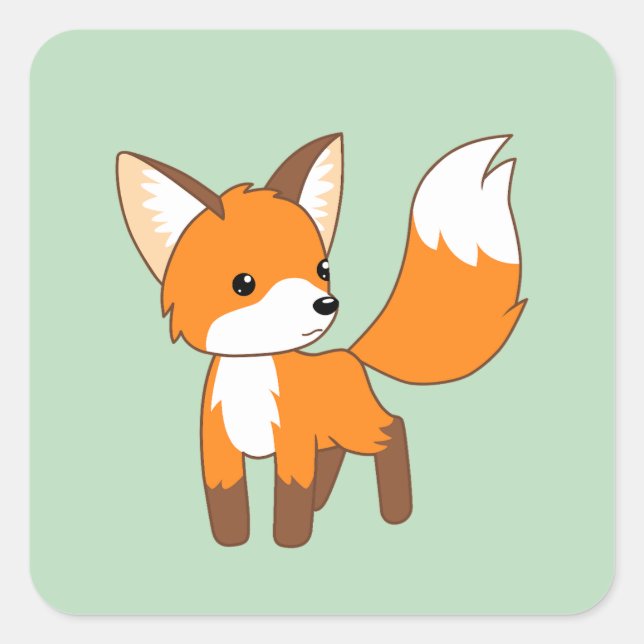 Cute Little Fox on Green Square Sticker (Front)