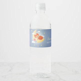Cute little fox on the moon baby shower water bottle label