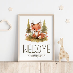 Cute Little Fox Plaid Baby Shower Welcome Sign