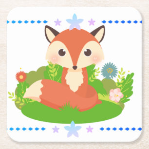 Cute Little Fox Square Paper Coaster