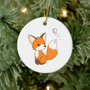 Cute Little Fox Watching Butterfly Ceramic Ornament