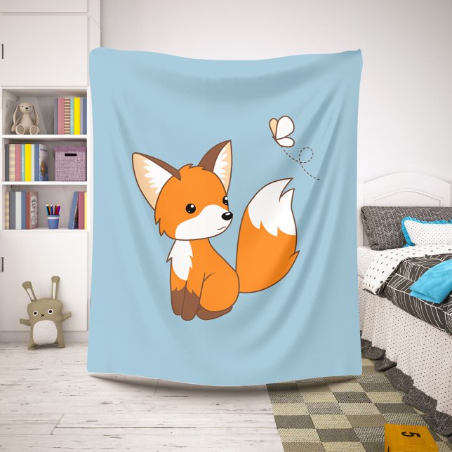 Cute Little Fox Watching Butterfly on Blue Sherpa Blanket (Creator Uploaded)