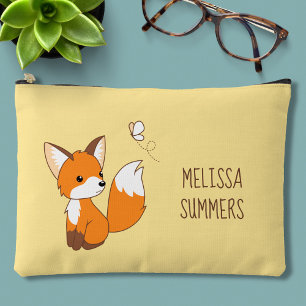 Cute Little Fox Watching Butterfly on Yellow Accessory Pouch