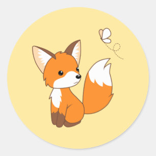 Cute Little Fox Watching Butterfly on Yellow Classic Round Sticker