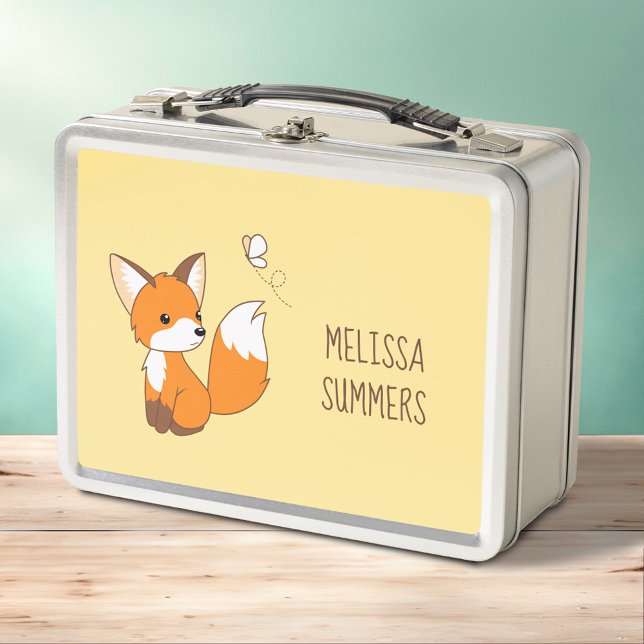 Cute Little Fox Watching Butterfly on Yellow Metal Lunch Box (Creator Uploaded)