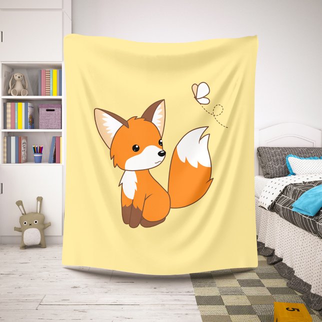Cute Little Fox Watching Butterfly on Yellow Sherpa Blanket (Creator Uploaded)