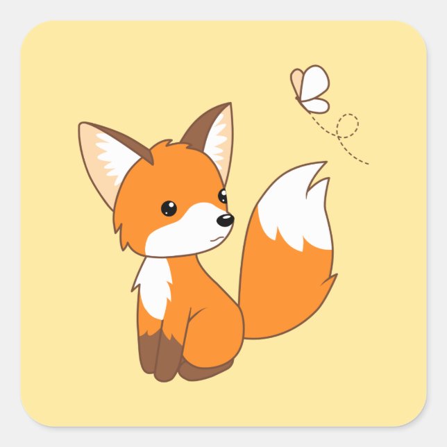 Cute Little Fox Watching Butterfly on Yellow Square Sticker (Front)