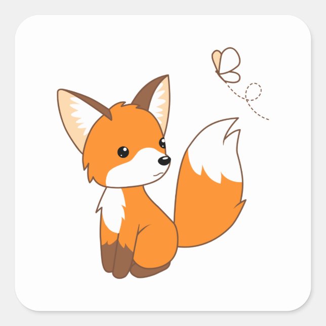 Cute Little Fox Watching Butterfly Square Sticker (Front)