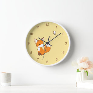 Cute Little Fox Watching Butterfly Yellow Clock