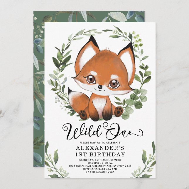 Cute Little Fox Wild One Woodland 1st Birthday Invitation (Front/Back)