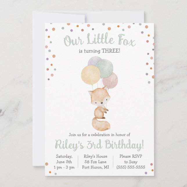 Cute Little Fox with Balloons Birthday Party Invitation (Front)