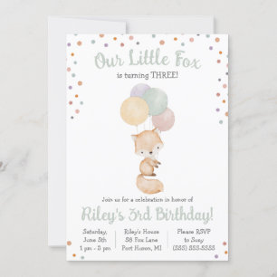 Cute Little Fox with Balloons Birthday Party Invitation