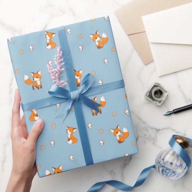 Cute Little Foxes on Blue Wrapping Paper (Gifting)