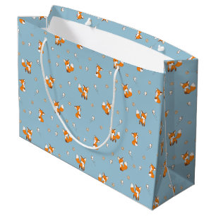 Cute Little Foxes Pattern on Blue Large Gift Bag