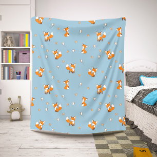 Cute Little Foxes Pattern on Blue Sherpa Blanket