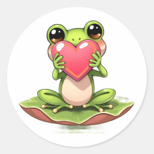 Cute Little Frog Holding a Heart Classic Round Sticker