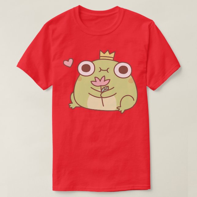 Cute Little Frog Prince Holding Flower T-Shirt (Design Front)