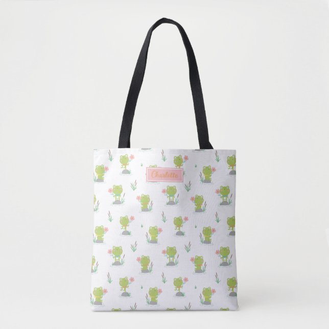Cute Little Frogs with flowers on white Tote Bag (Front)
