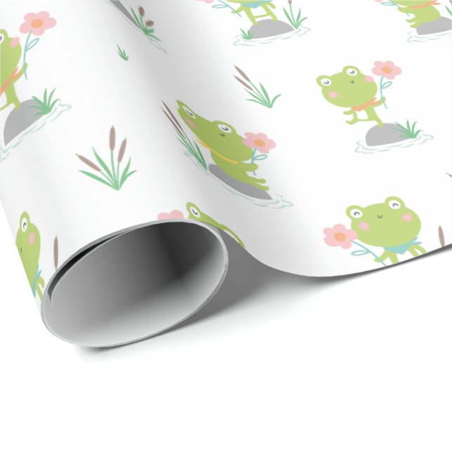 Cute Little Frogs  with flowers on white Wrapping Paper (Roll Corner)