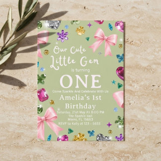 Cute Little Gem 1st Birthday Girl Sage Invitation 