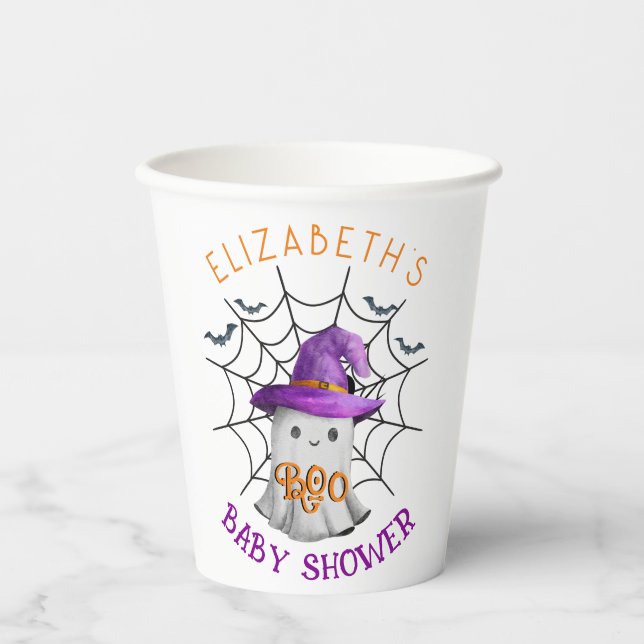 Cute little ghost and spiderweb BOO baby shower Paper Cups (Front)