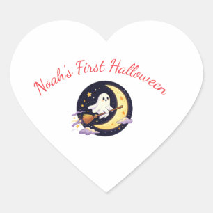 Cute Little Ghost Flying on Broom with Crescent Heart Sticker