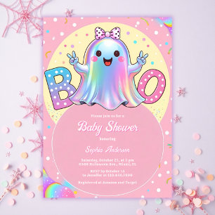 Cute Little Ghost Pink Halloween Girl Baby Shower Invitation