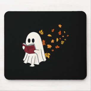 Cute Little Ghost Reading Book Under Fall Leaves W Mouse Pad