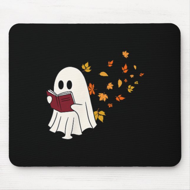 Cute Little Ghost Reading Book Under Fall Leaves W Mouse Pad (Front)