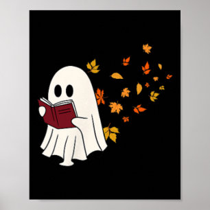 Cute Little Ghost Reading Book Under Fall Leaves W Poster