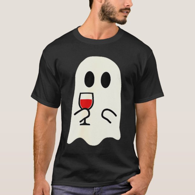 Cute Little Ghost Red Wine Gl Halloween  T-Shirt (Front)