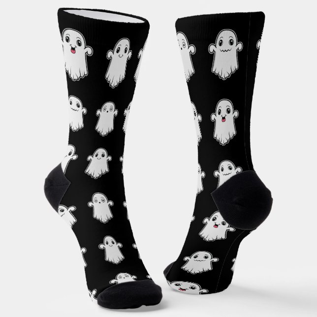 Cute Little Ghosts Pattern Halloween Black White Socks (Angled)