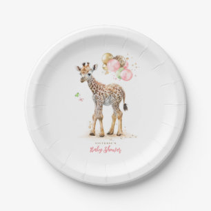 Cute Little Giraffe Modern Boho Pink Brown Paper Plate